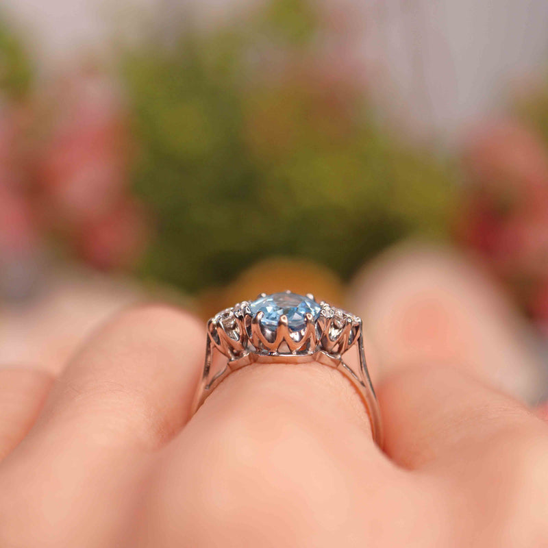 Ellibelle Jewellery Vintage 18ct White Gold Aquamarine & Diamond Three-Stone Engagement Ring