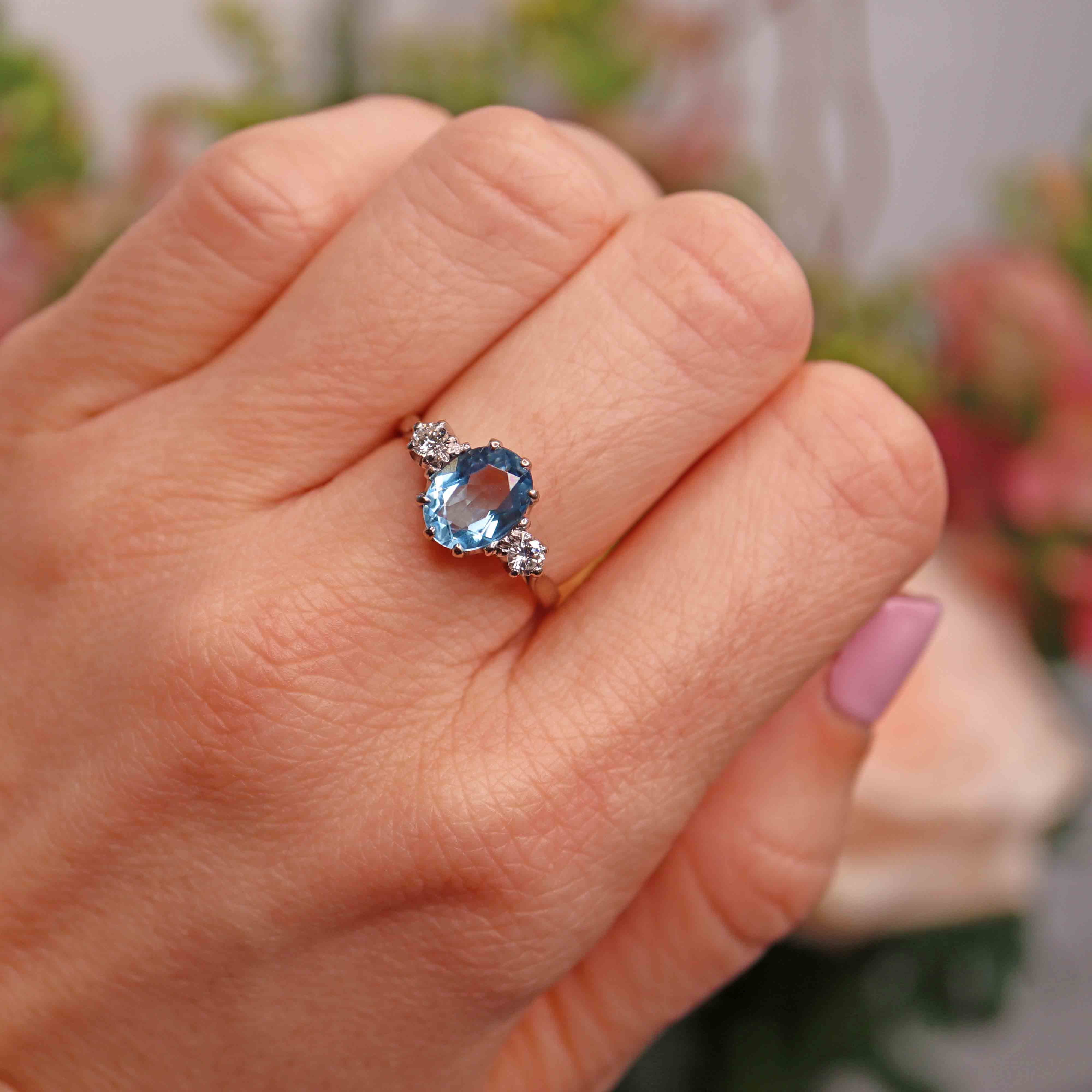 Ellibelle Jewellery Vintage 18ct White Gold Aquamarine & Diamond Three-Stone Engagement Ring