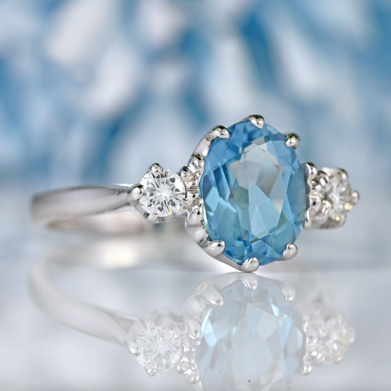 Ellibelle Jewellery Vintage 18ct White Gold Aquamarine & Diamond Three-Stone Engagement Ring