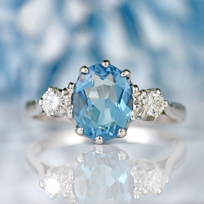 Ellibelle Jewellery Vintage 18ct White Gold Aquamarine & Diamond Three-Stone Engagement Ring