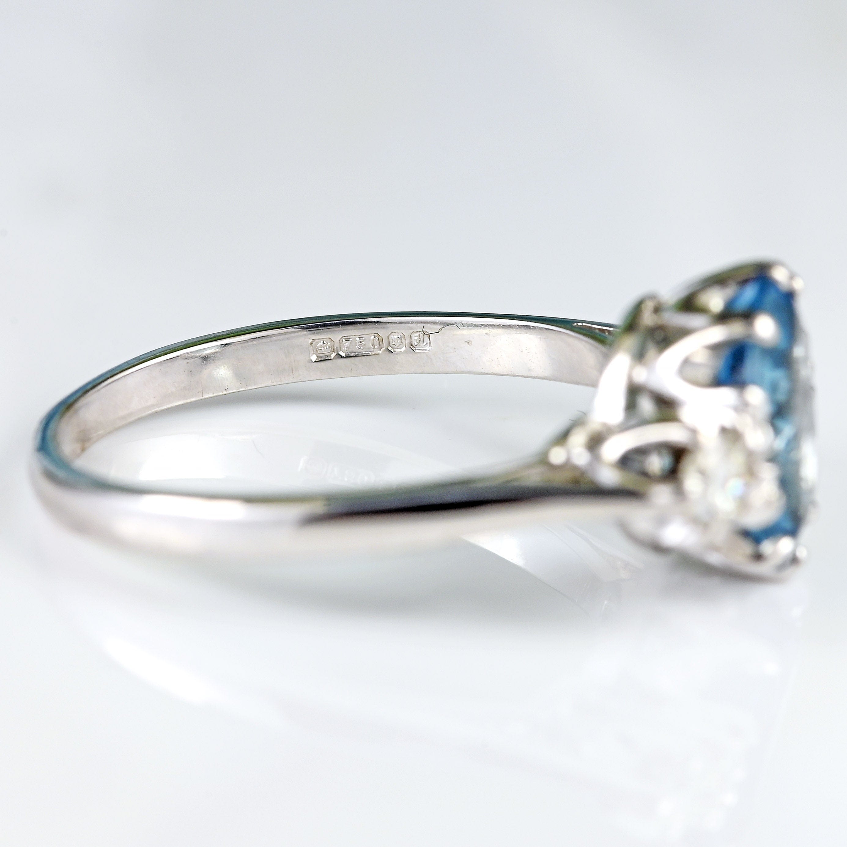 Ellibelle Jewellery Vintage 18ct White Gold Aquamarine & Diamond Three-Stone Engagement Ring