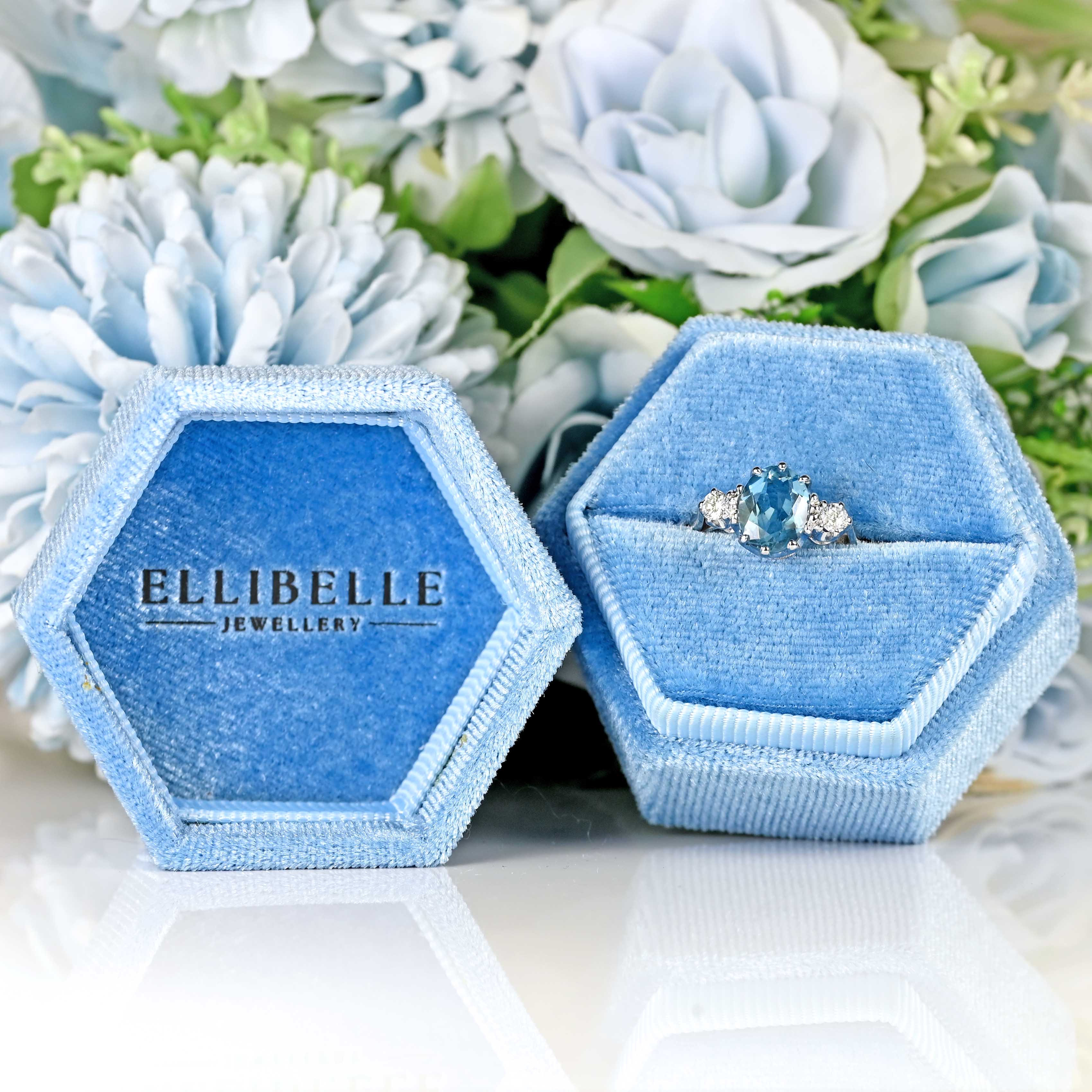 Ellibelle Jewellery Vintage 18ct White Gold Aquamarine & Diamond Three-Stone Engagement Ring