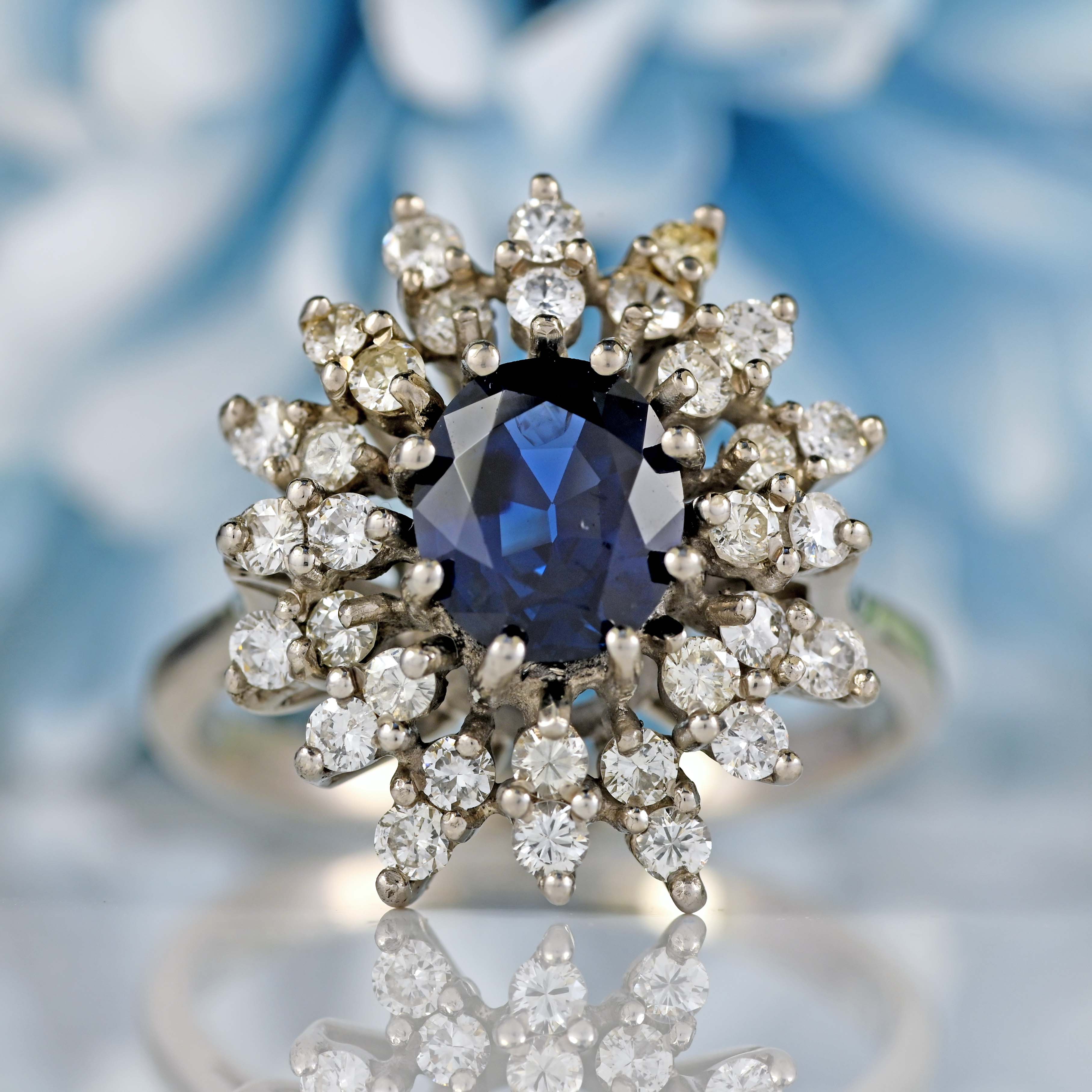Ellibelle Jewellery Vintage 18ct White Gold Oval Sapphire & Diamond Cluster Ring (1.45cts)