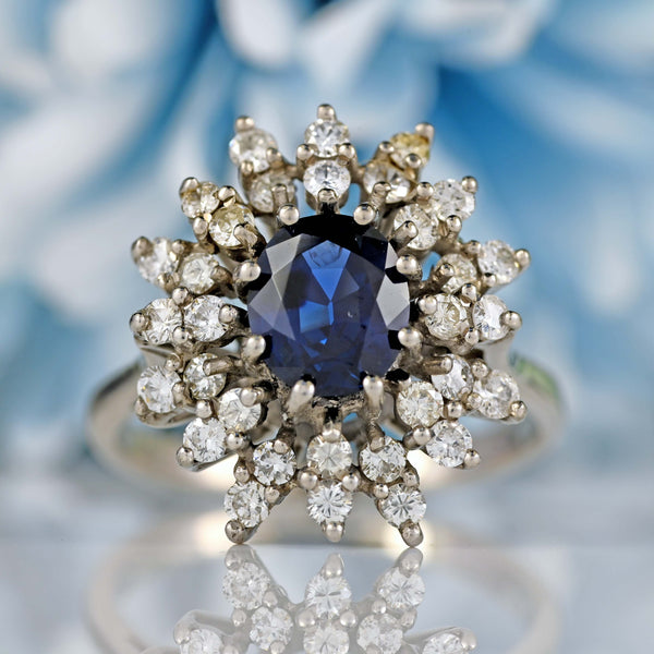 Ellibelle Jewellery Vintage 18ct White Gold Oval Sapphire & Diamond Cluster Ring (1.45cts)