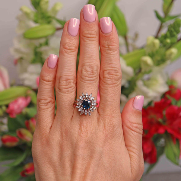 Ellibelle Jewellery Vintage 18ct White Gold Oval Sapphire & Diamond Cluster Ring (1.45cts)