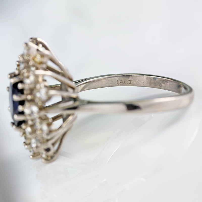 Ellibelle Jewellery Vintage 18ct White Gold Oval Sapphire & Diamond Cluster Ring (1.45cts)