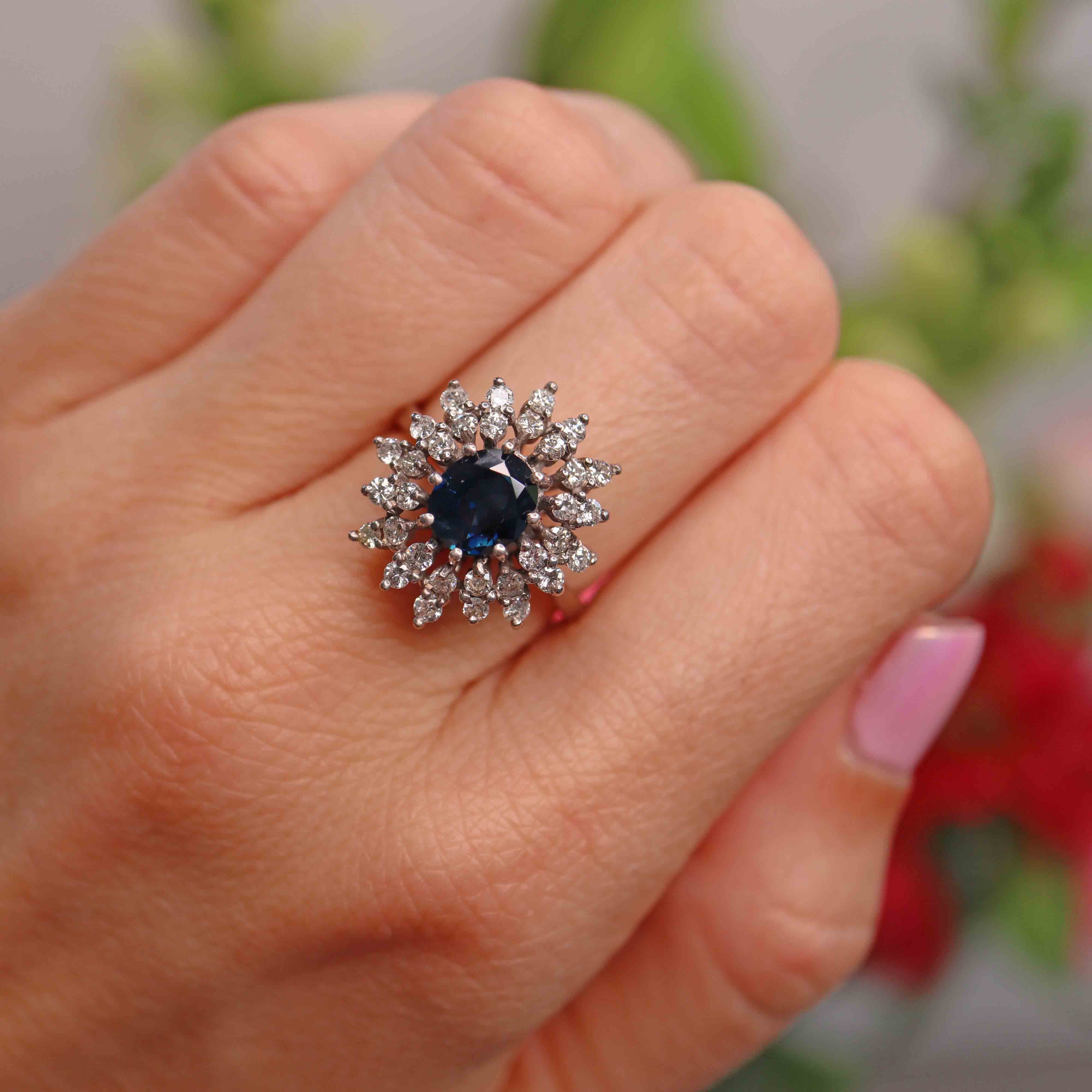 Ellibelle Jewellery Vintage 18ct White Gold Oval Sapphire & Diamond Cluster Ring (1.45cts)