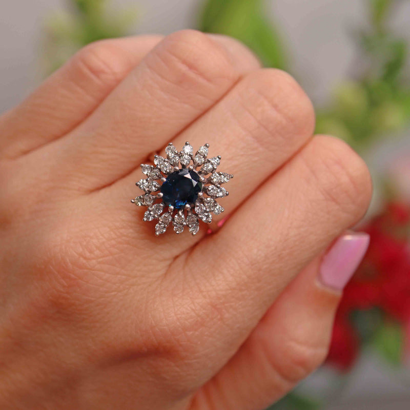 Ellibelle Jewellery Vintage 18ct White Gold Oval Sapphire & Diamond Cluster Ring (1.45cts)