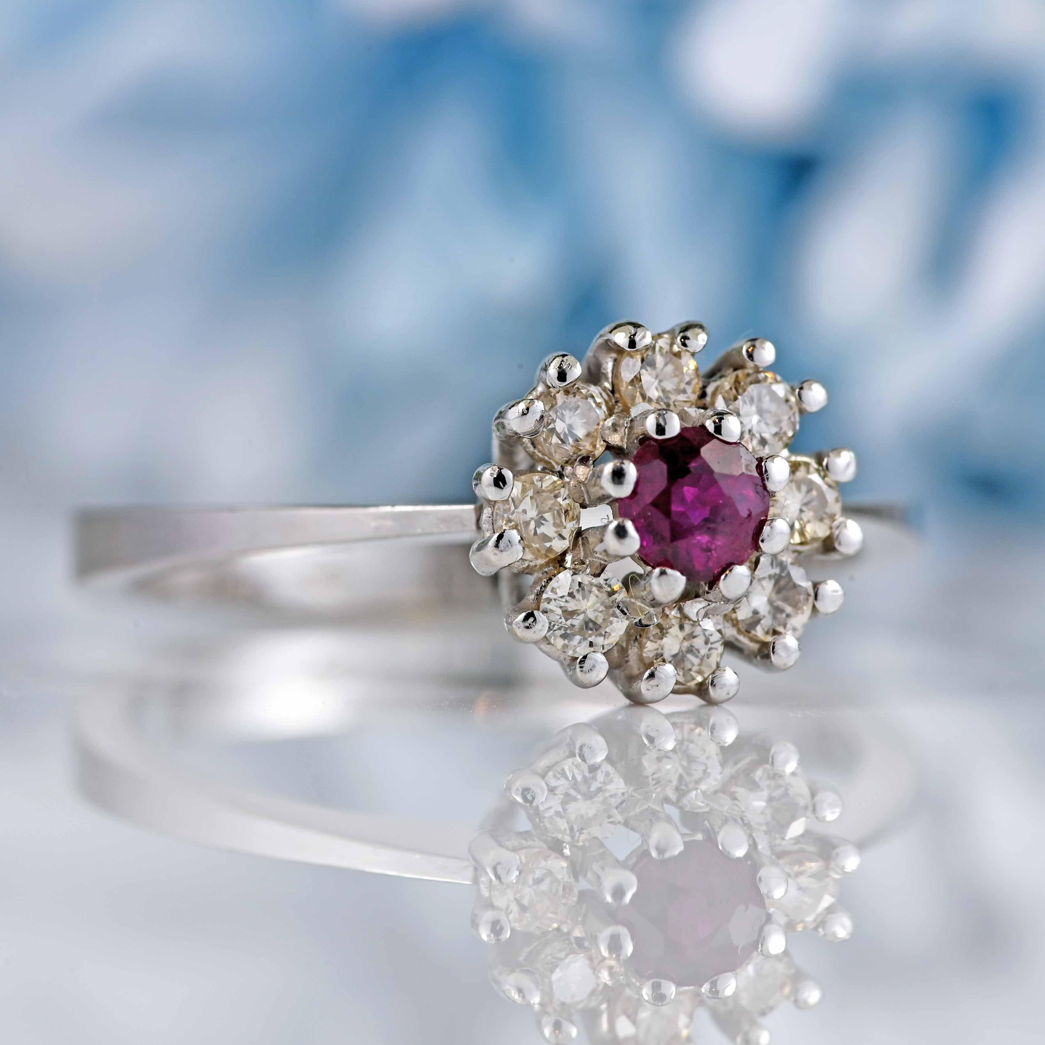 Ellibelle Jewellery Vintage 18ct White Gold Ruby & Diamond Halo Ring