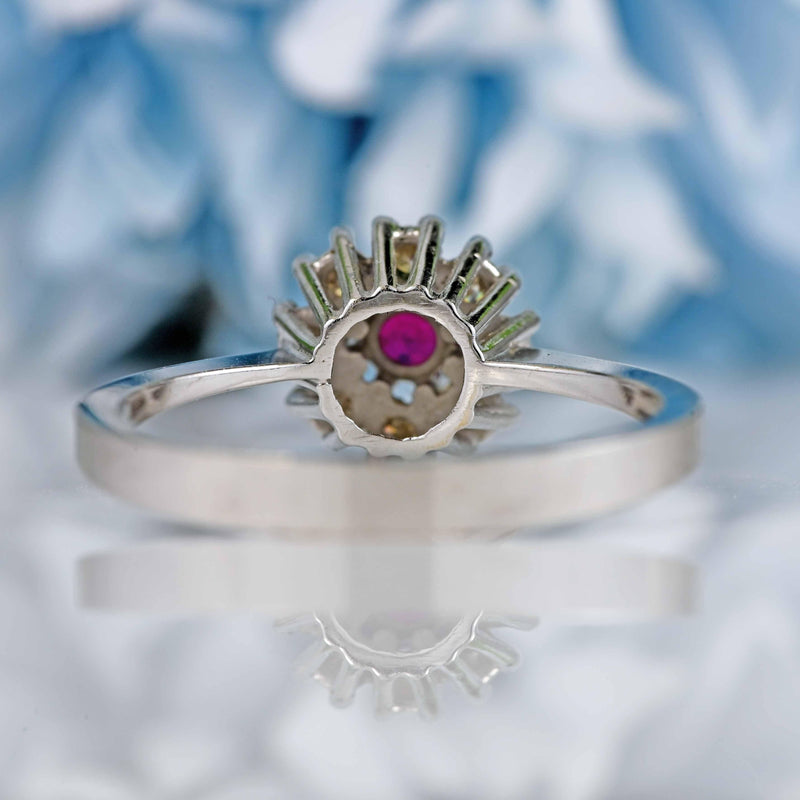 Ellibelle Jewellery Vintage 18ct White Gold Ruby & Diamond Halo Ring