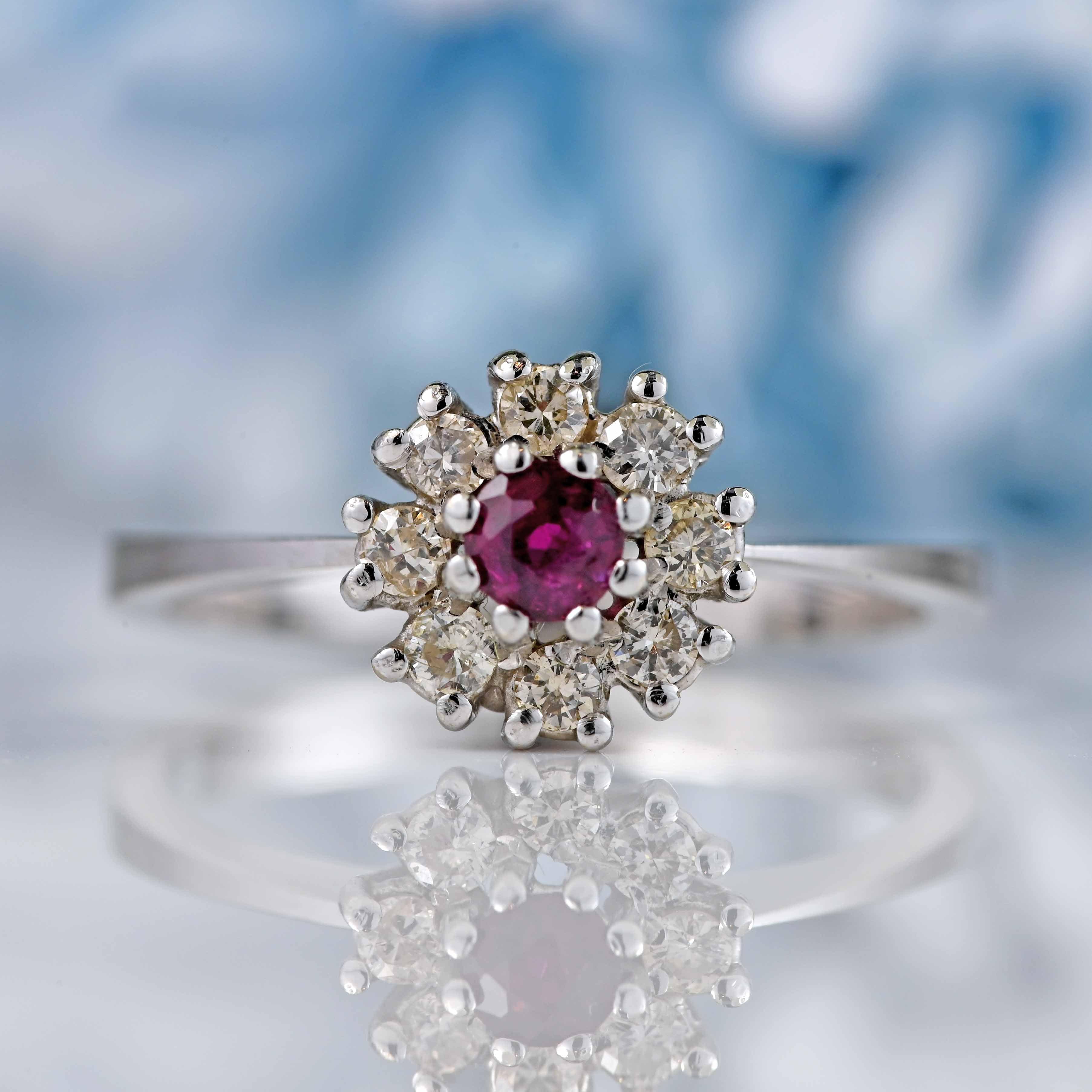 Ellibelle Jewellery Vintage 18ct White Gold Ruby & Diamond Halo Ring