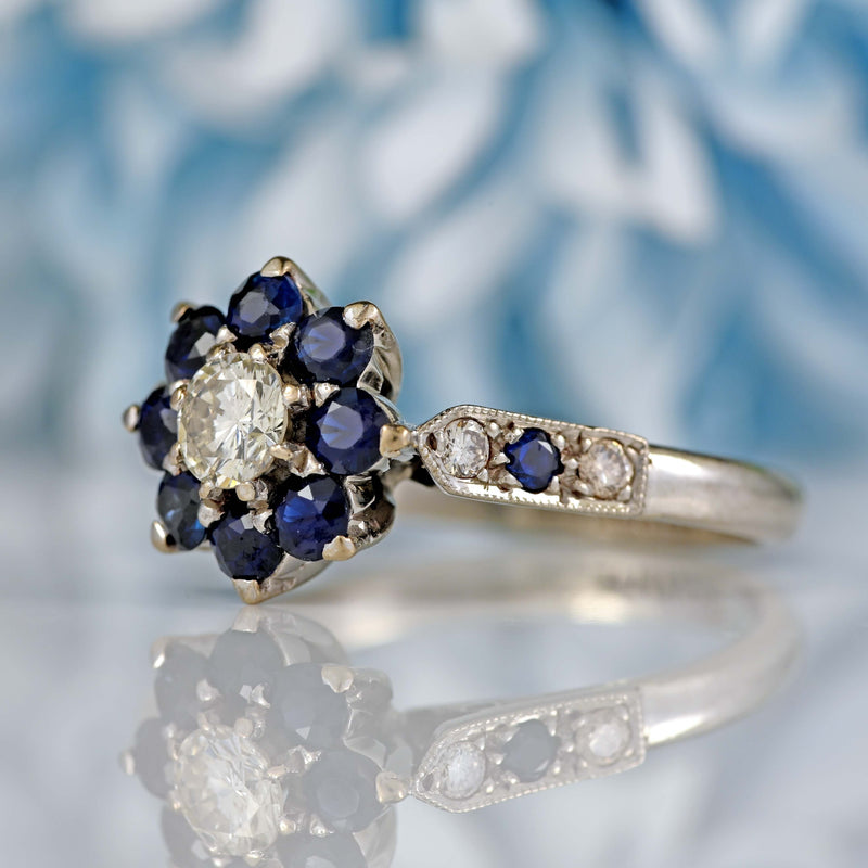 Ellibelle Jewellery Vintage 18ct White Gold Sapphire & Diamond Daisy Cluster Ring