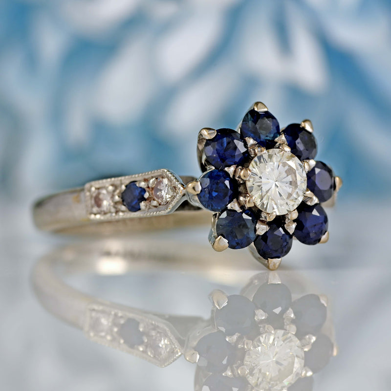 Ellibelle Jewellery Vintage 18ct White Gold Sapphire & Diamond Daisy Cluster Ring