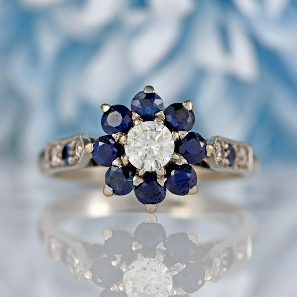 Ellibelle Jewellery Vintage 18ct White Gold Sapphire & Diamond Daisy Cluster Ring