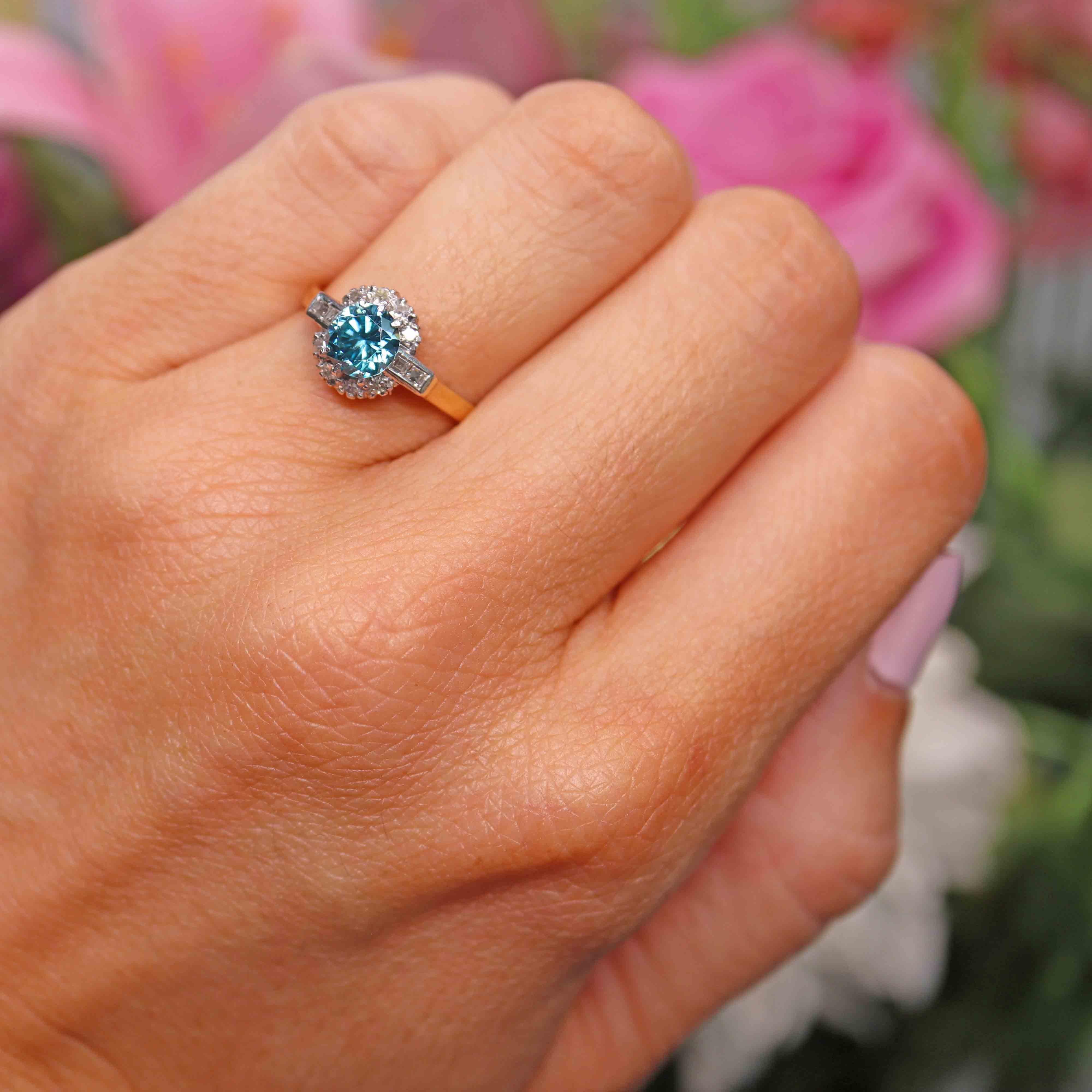 Ellibelle Jewellery Vintage 1940s Blue Zircon & Diamond Cluster Ring