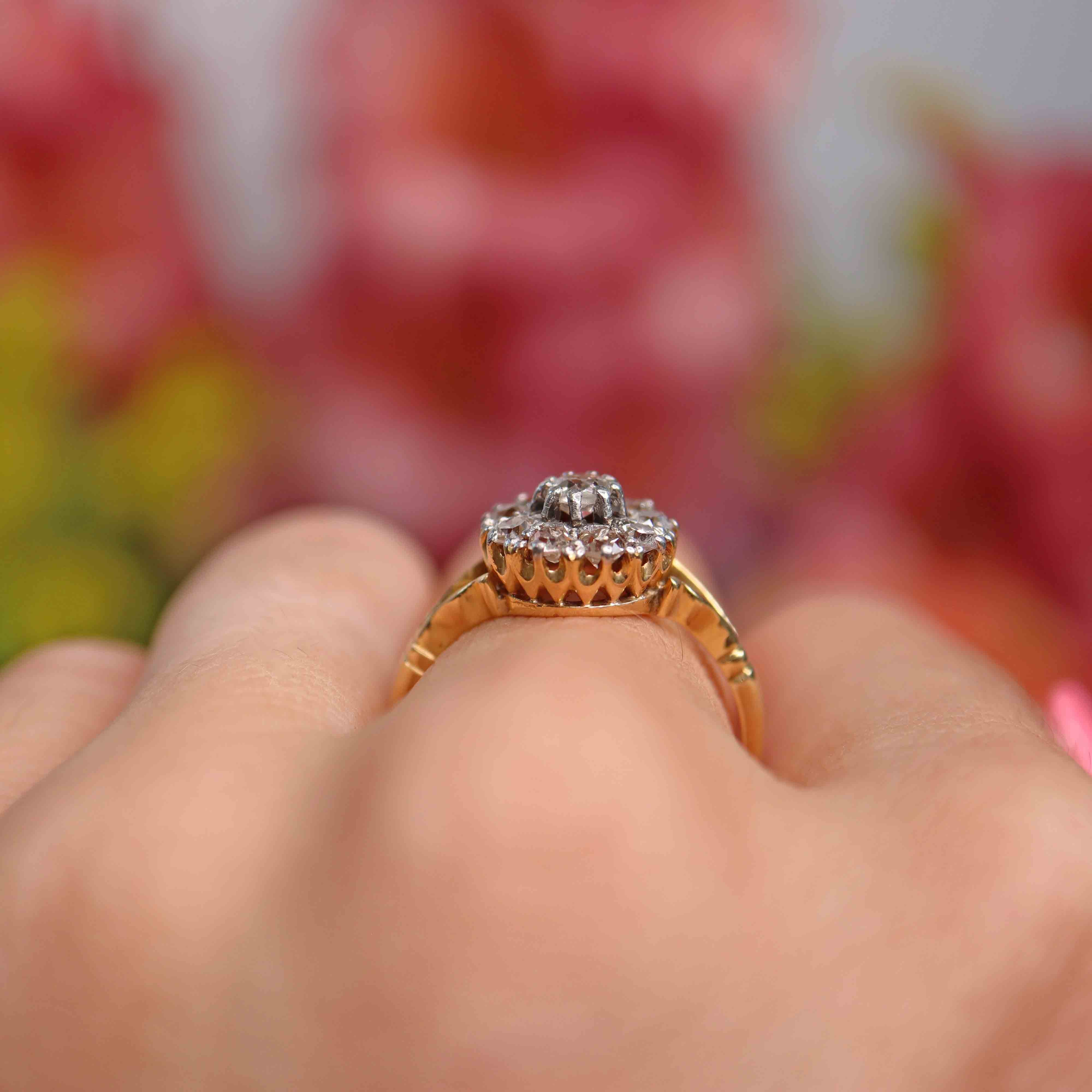 Ellibelle Jewellery Vintage 1940s Old-Cut Diamond 18ct Gold Cluster Ring (0.65cts)