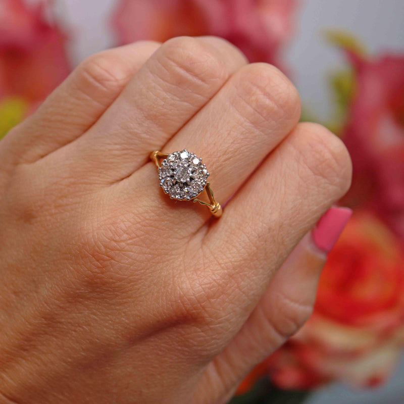 Ellibelle Jewellery Vintage 1940s Old-Cut Diamond 18ct Gold Cluster Ring (0.65cts)