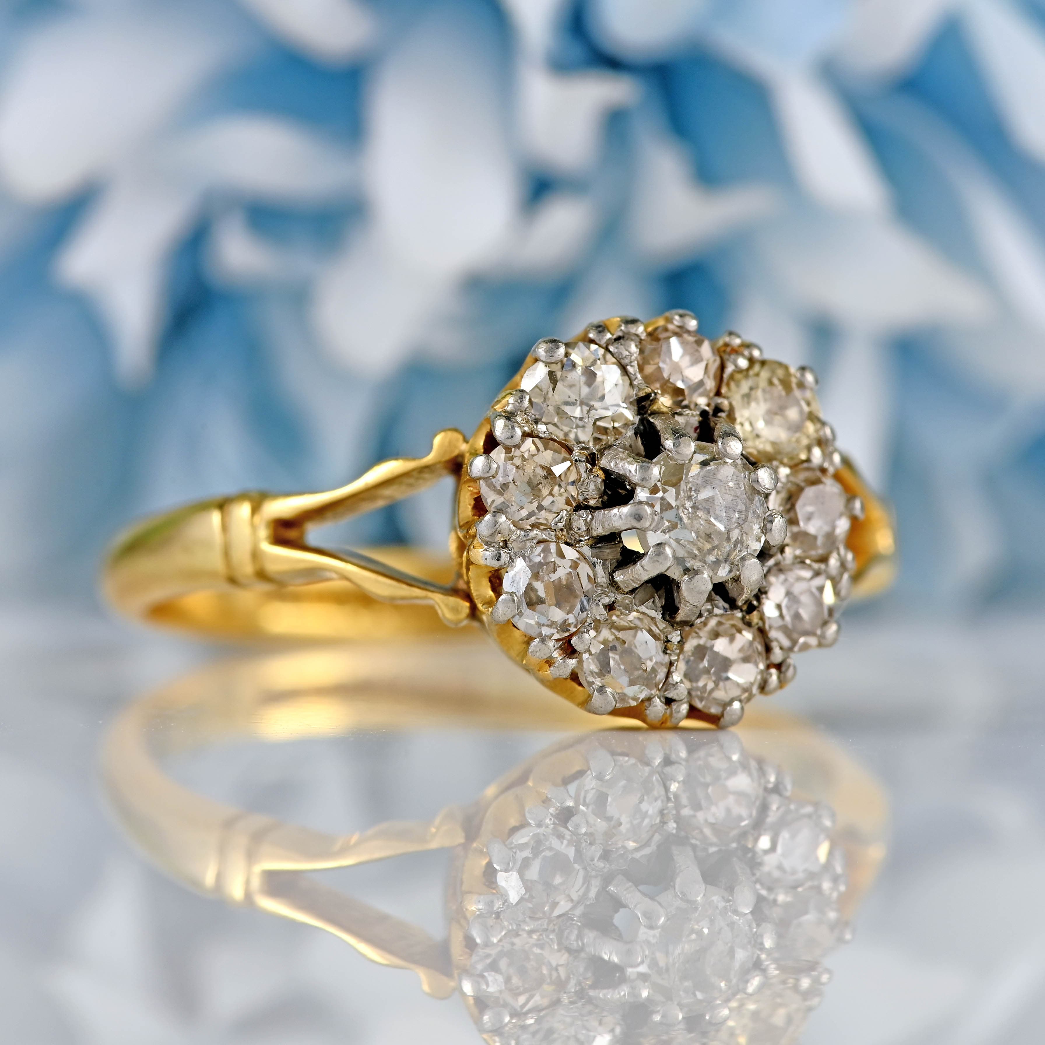 Ellibelle Jewellery Vintage 1940s Old-Cut Diamond 18ct Gold Cluster Ring (0.65cts)