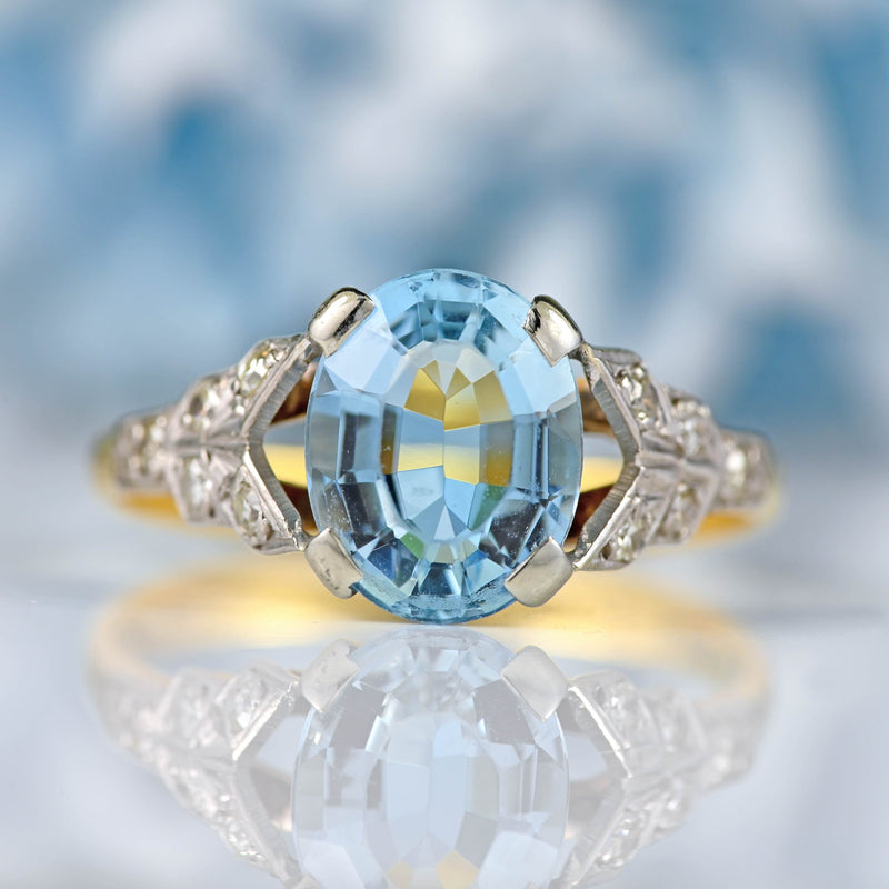 Ellibelle Jewellery Vintage 1950s Aquamarine & Diamond 18ct Gold Ring