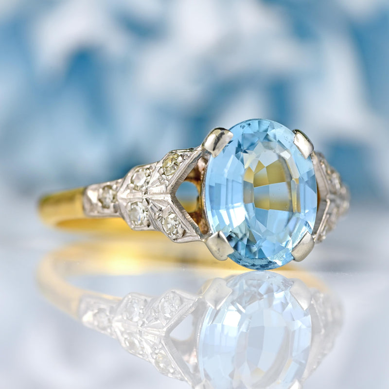 Ellibelle Jewellery Vintage 1950s Aquamarine & Diamond 18ct Gold Ring