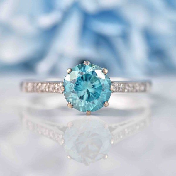 Ellibelle Jewellery Vintage 1950s Blue Zircon & Diamond White Gold Engagement Ring