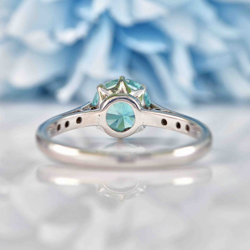 Ellibelle Jewellery Vintage 1950s Blue Zircon & Diamond White Gold Engagement Ring