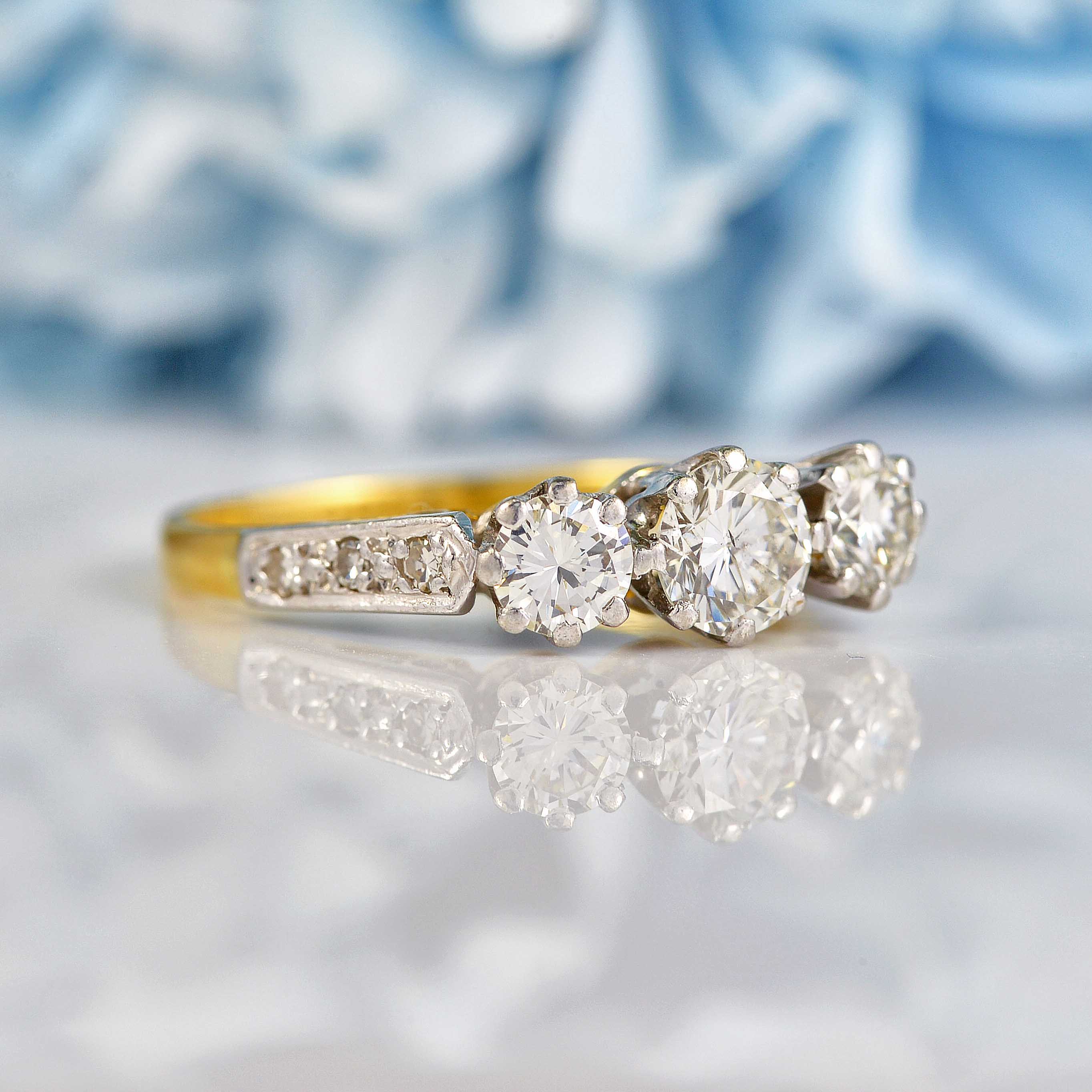 Ellibelle Jewellery Vintage 1950s Diamond 18ct Gold & Platinum Three-Stone Engagement Ring (0.80cts)