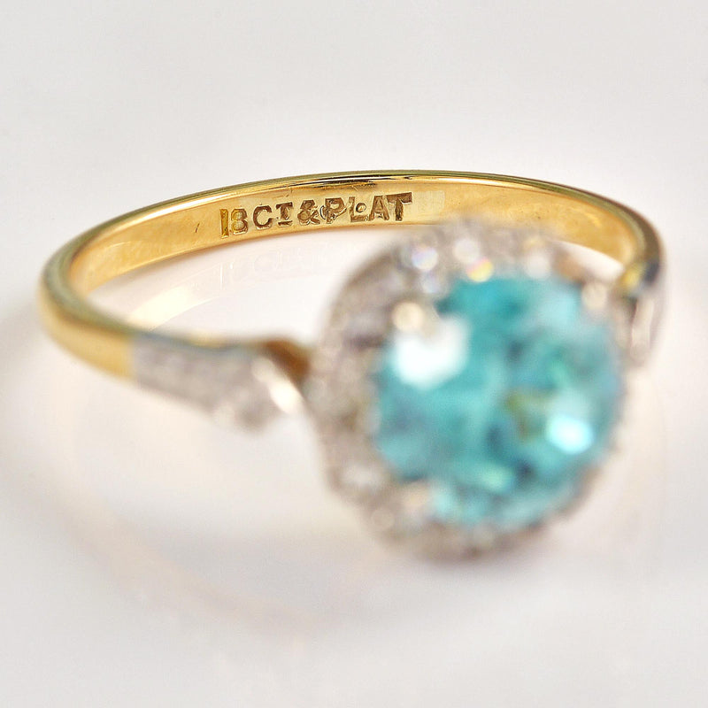 Ellibelle Jewellery Vintage 1960s Blue Zircon & Diamond 18ct Gold Cluster Ring