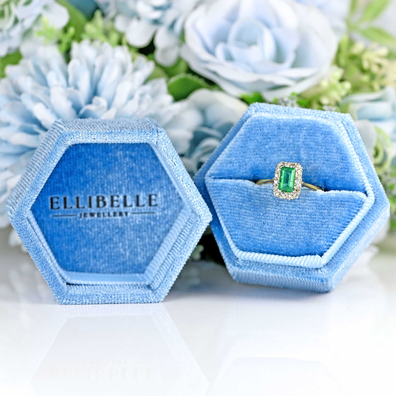 Ellibelle Jewellery Vintage 1960s Emerald & Diamond 18ct Gold Platinum Cluster Engagement Ring