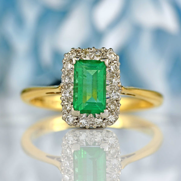 Ellibelle Jewellery Vintage 1960s Emerald & Diamond 18ct Gold Platinum Cluster Engagement Ring