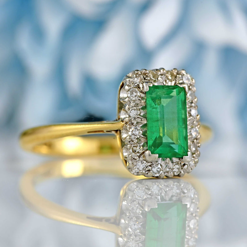 Ellibelle Jewellery Vintage 1960s Emerald & Diamond 18ct Gold Platinum Cluster Engagement Ring