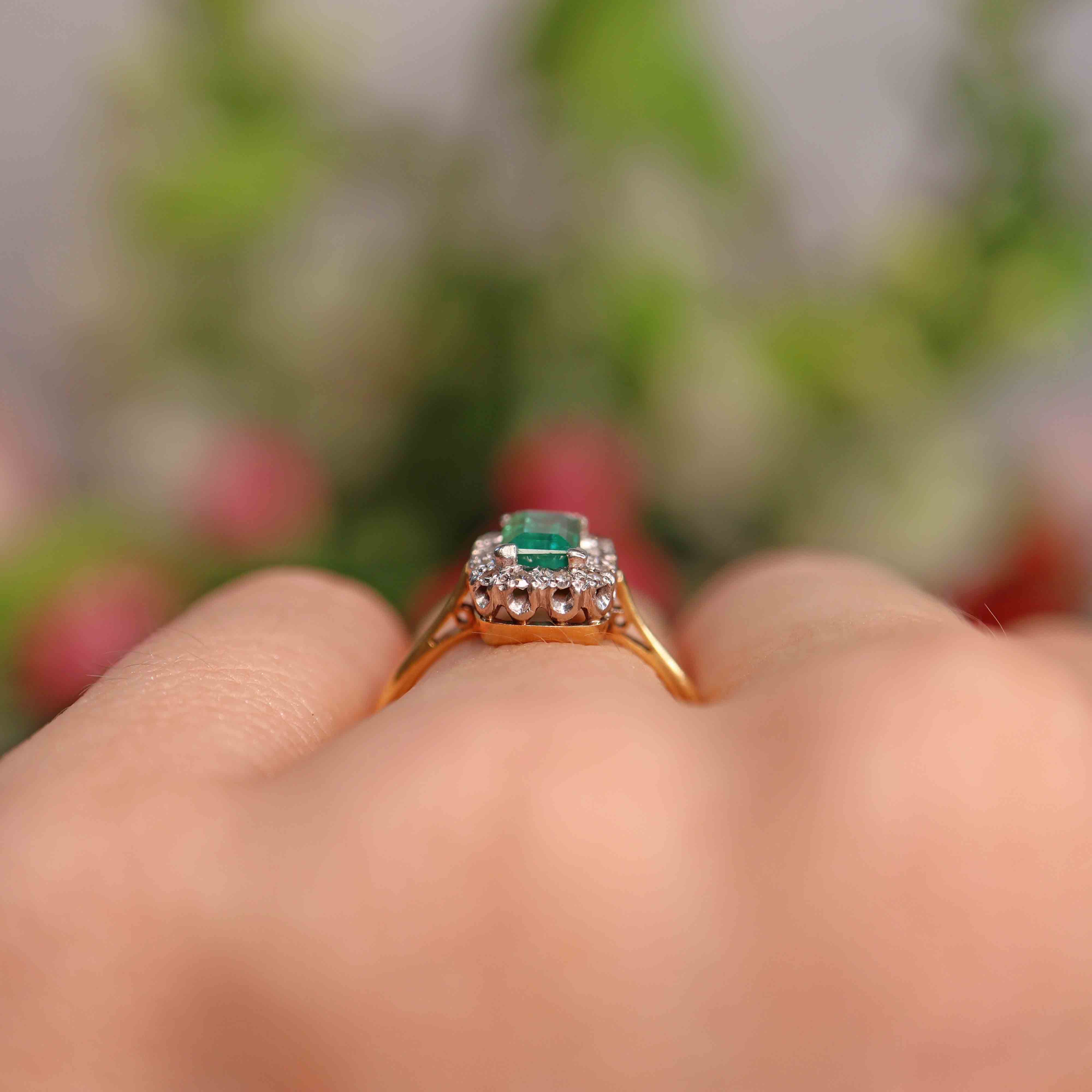 Ellibelle Jewellery Vintage 1960s Emerald & Diamond 18ct Gold Platinum Cluster Engagement Ring