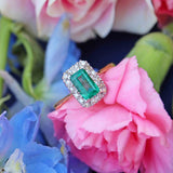 Ellibelle Jewellery Vintage 1960s Emerald & Diamond 18ct Gold Platinum Cluster Engagement Ring