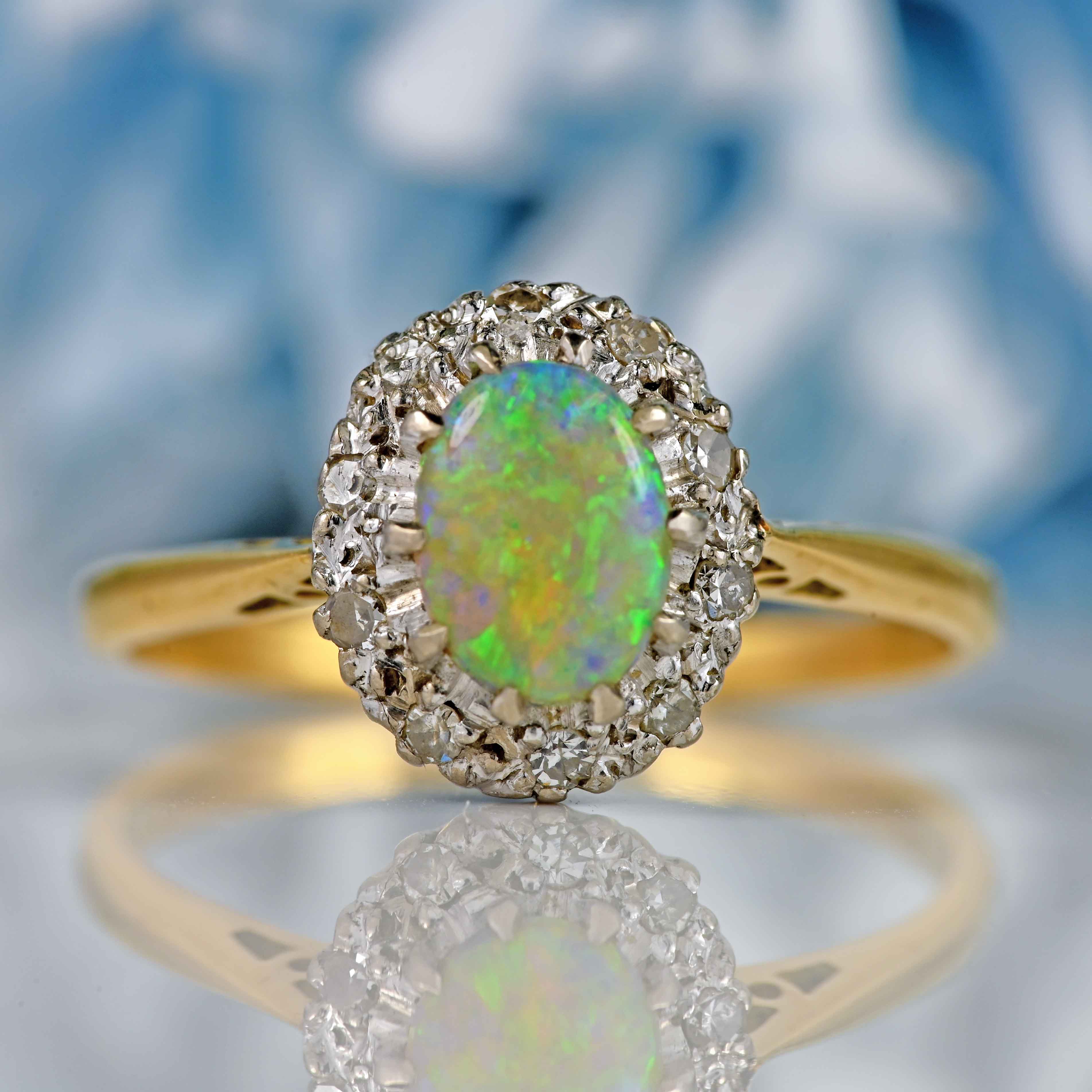 Ellibelle Jewellery Vintage 1960s Opal & Diamond 18ct Gold Cluster Ring