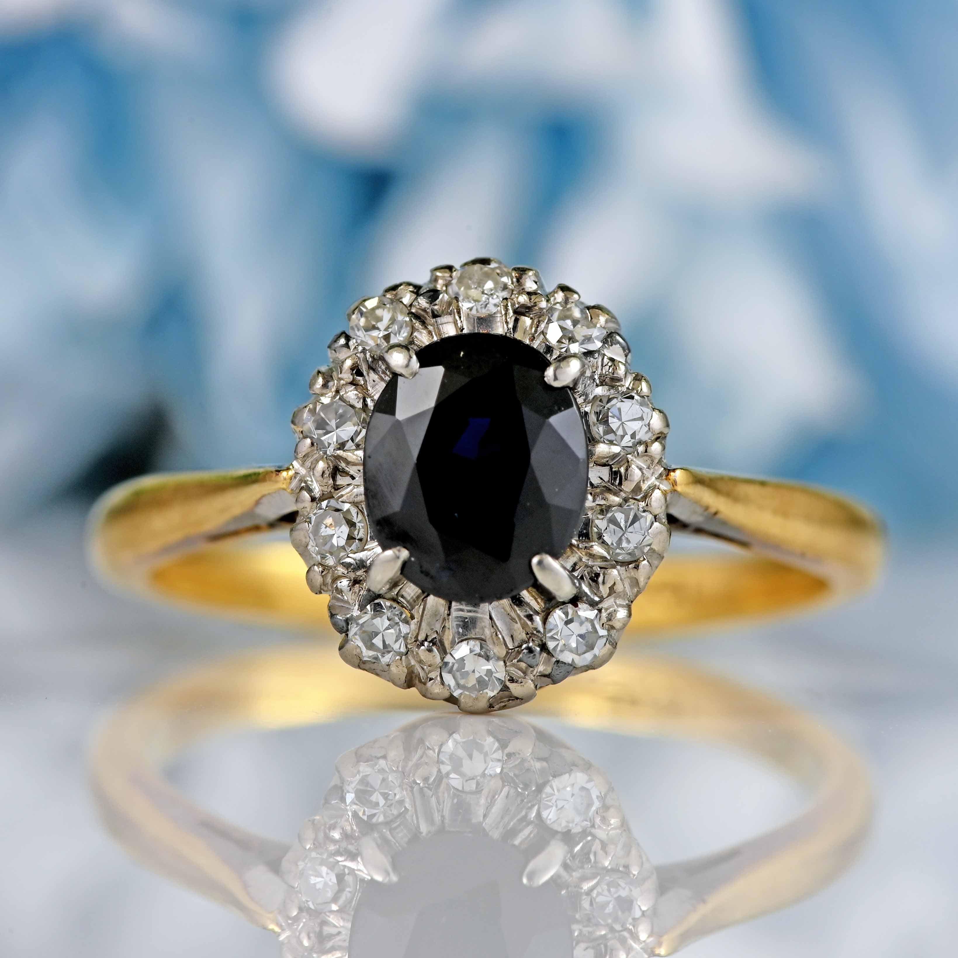 Ellibelle Jewellery Vintage 1960s Sapphire & Diamond 18ct Gold Cluster Ring