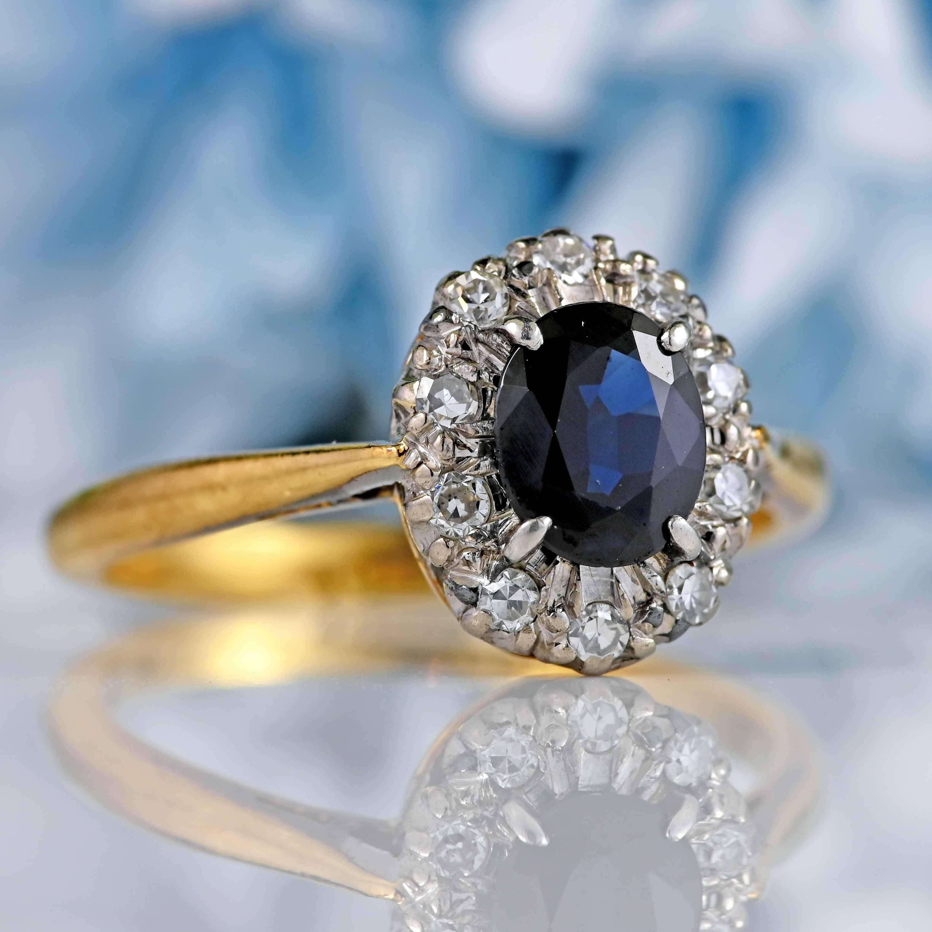 Ellibelle Jewellery Vintage 1960s Sapphire & Diamond 18ct Gold Cluster Ring