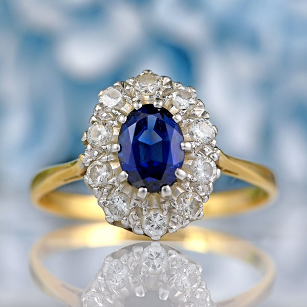 Ellibelle Jewellery Vintage 1960s Sapphire & Diamond 18ct Gold Oval Cluster Ring