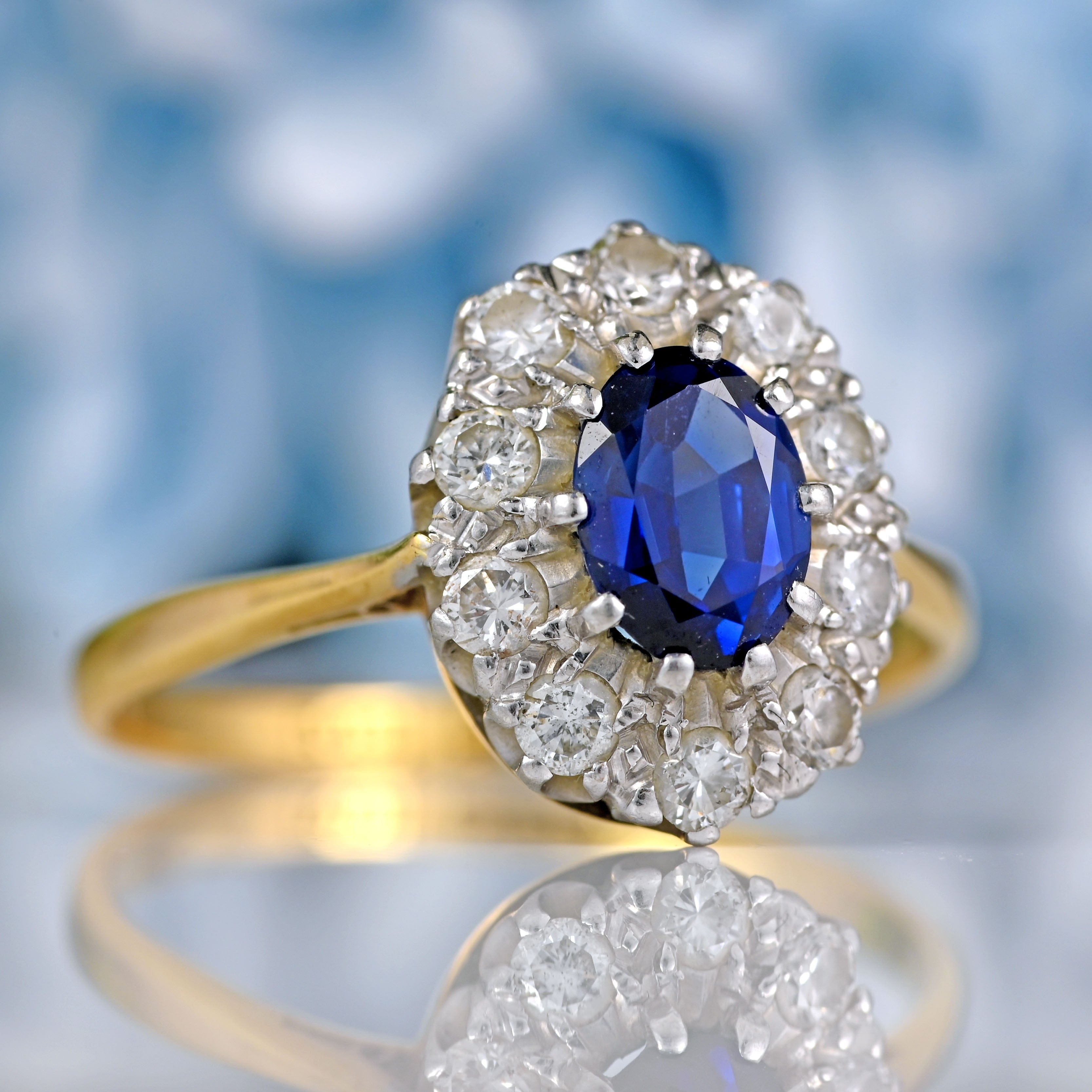 Ellibelle Jewellery Vintage 1960s Sapphire & Diamond 18ct Gold Oval Cluster Ring