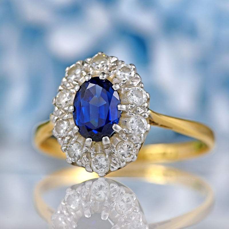 Ellibelle Jewellery Vintage 1960s Sapphire & Diamond 18ct Gold Oval Cluster Ring