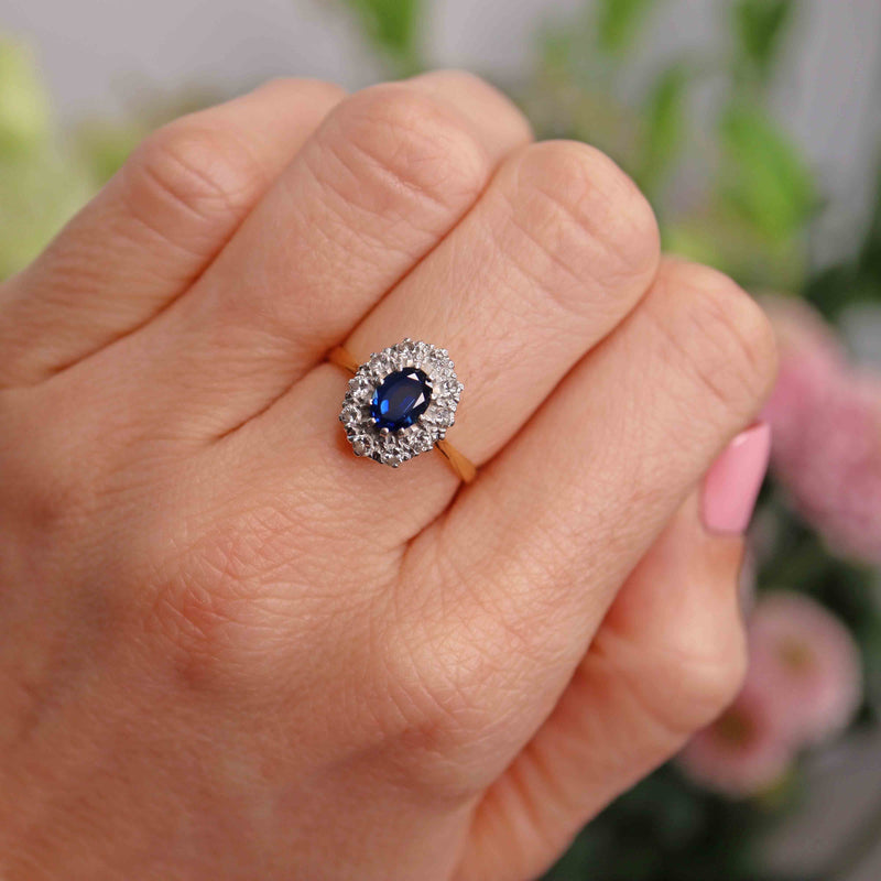 Ellibelle Jewellery Vintage 1960s Sapphire & Diamond 18ct Gold Oval Cluster Ring