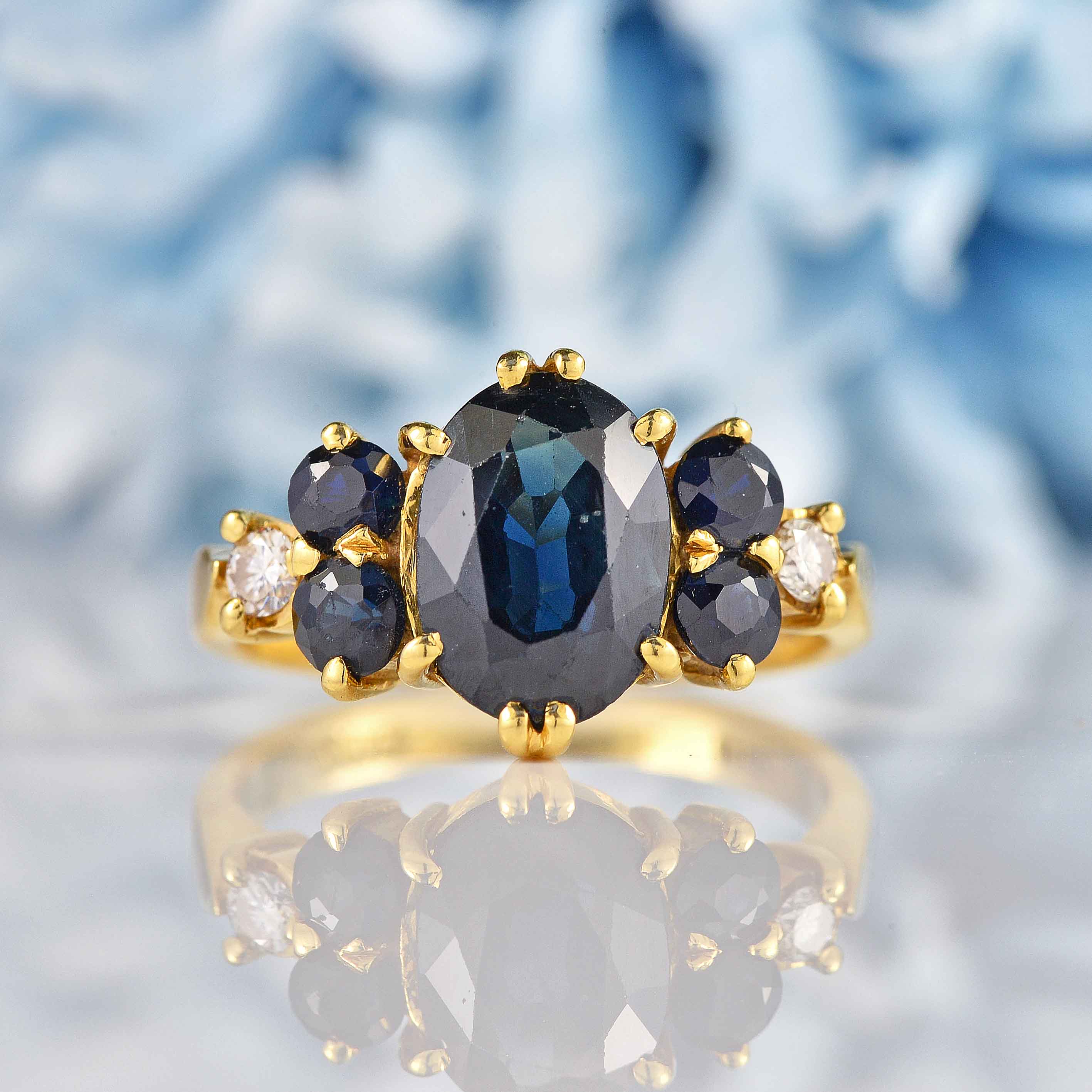 Ellibelle Jewellery Vintage 1960s Sapphire & Diamond 18ct Gold Seven-Stone Ring