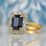 Ellibelle Jewellery Vintage 1963 Emerald-Cut Sapphire & Diamond 18ct Gold Cluster Ring
