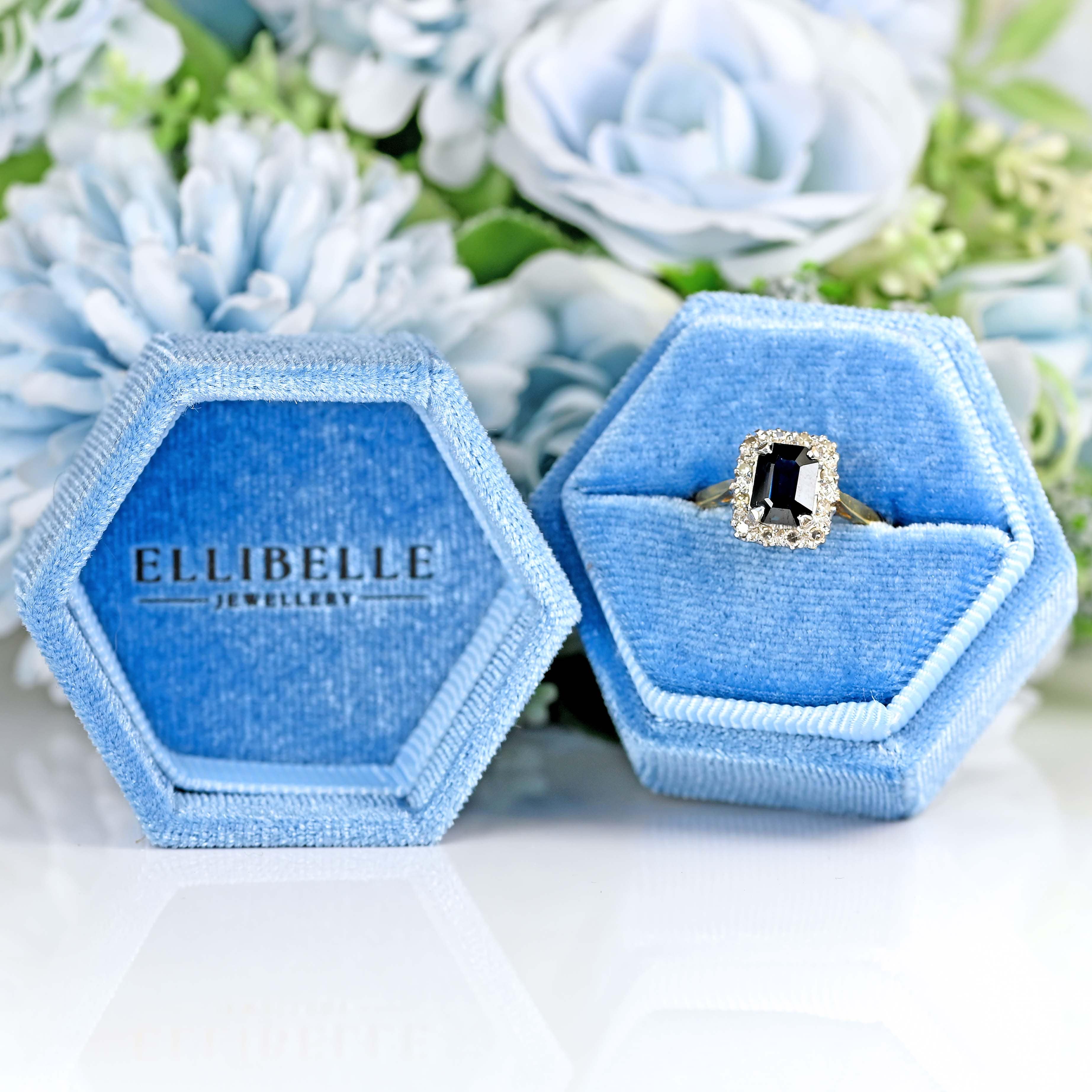 Ellibelle Jewellery Vintage 1963 Emerald-Cut Sapphire & Diamond 18ct Gold Cluster Ring
