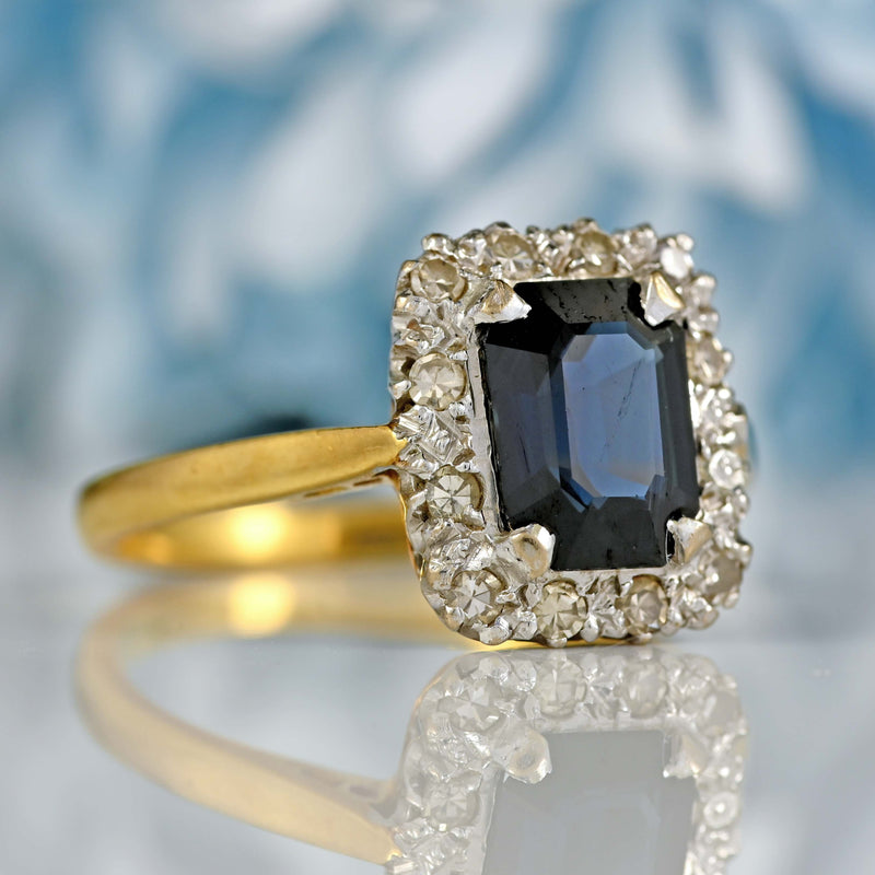 Ellibelle Jewellery Vintage 1963 Emerald-Cut Sapphire & Diamond 18ct Gold Cluster Ring