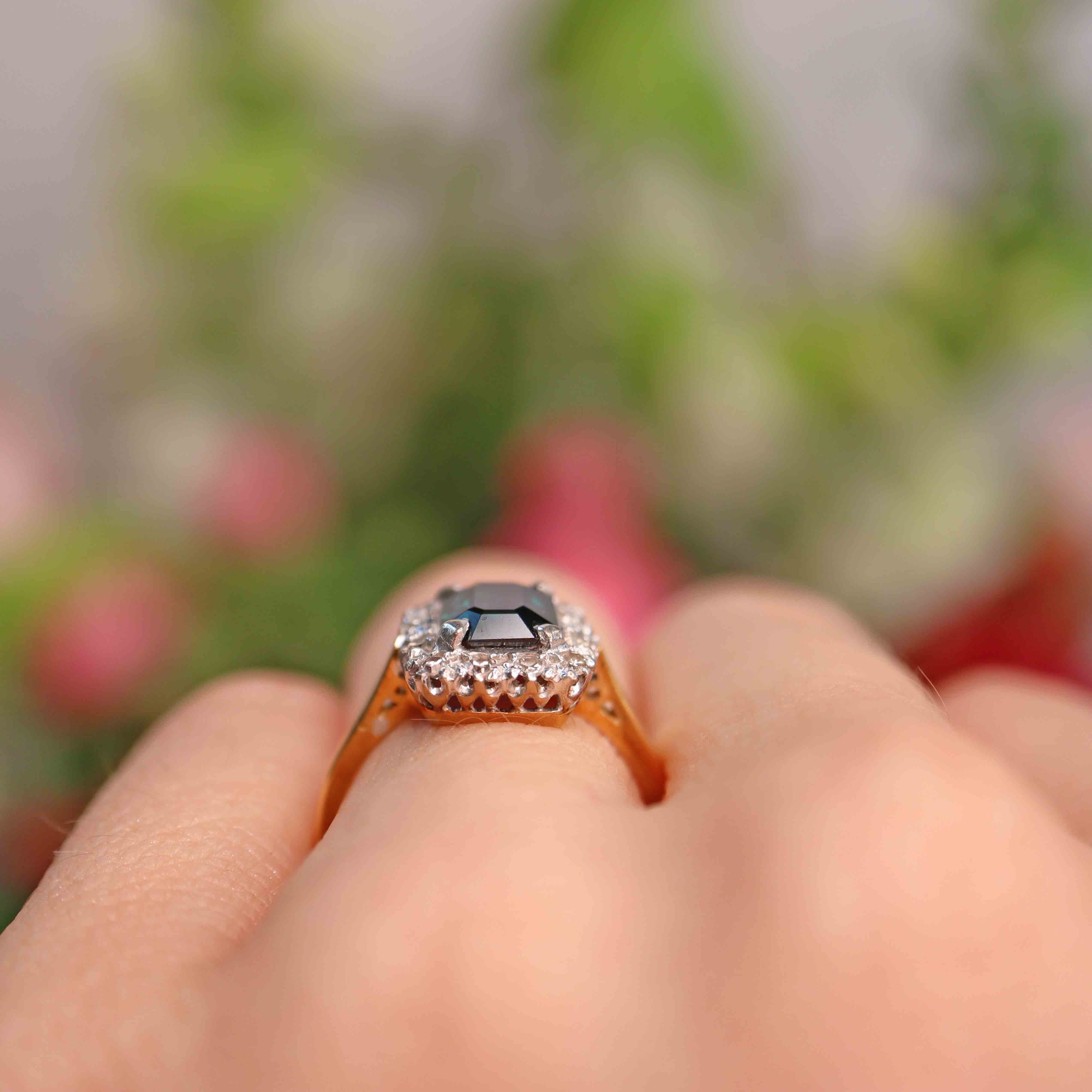 Ellibelle Jewellery Vintage 1963 Emerald-Cut Sapphire & Diamond 18ct Gold Cluster Ring