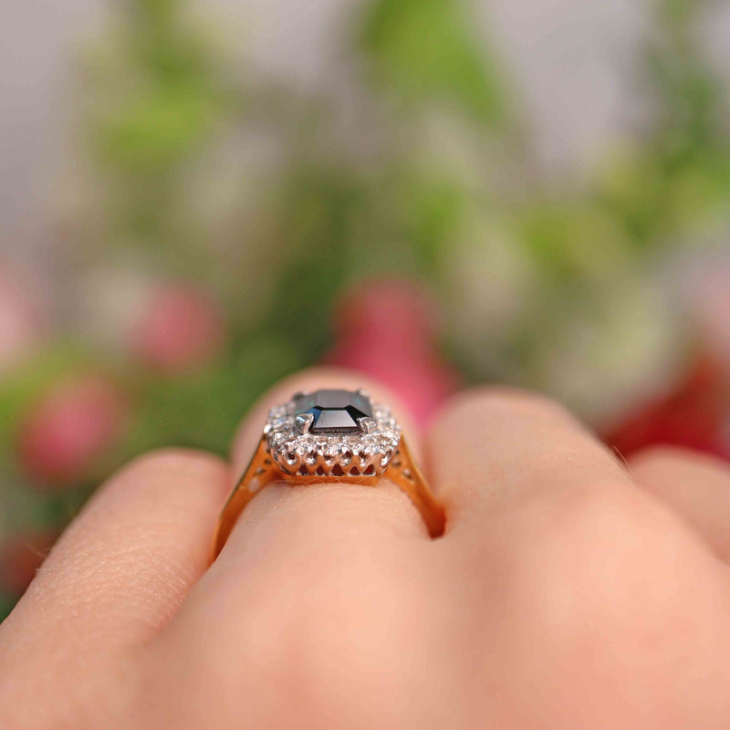 Ellibelle Jewellery Vintage 1963 Emerald-Cut Sapphire & Diamond 18ct Gold Cluster Ring