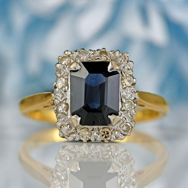 Ellibelle Jewellery Vintage 1963 Emerald-Cut Sapphire & Diamond 18ct Gold Cluster Ring