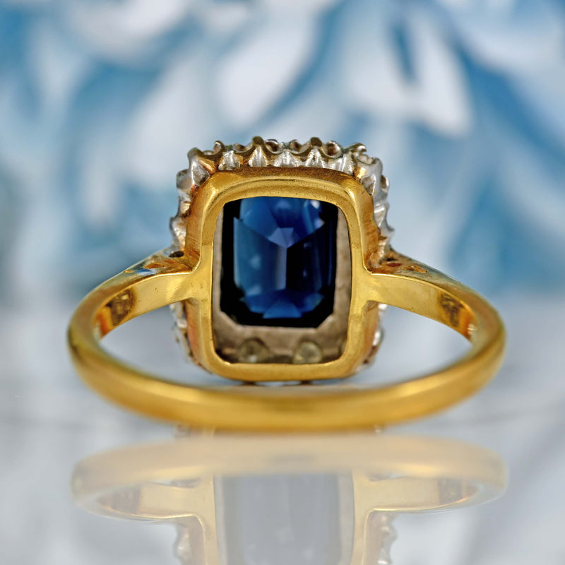Ellibelle Jewellery Vintage 1963 Emerald-Cut Sapphire & Diamond 18ct Gold Cluster Ring