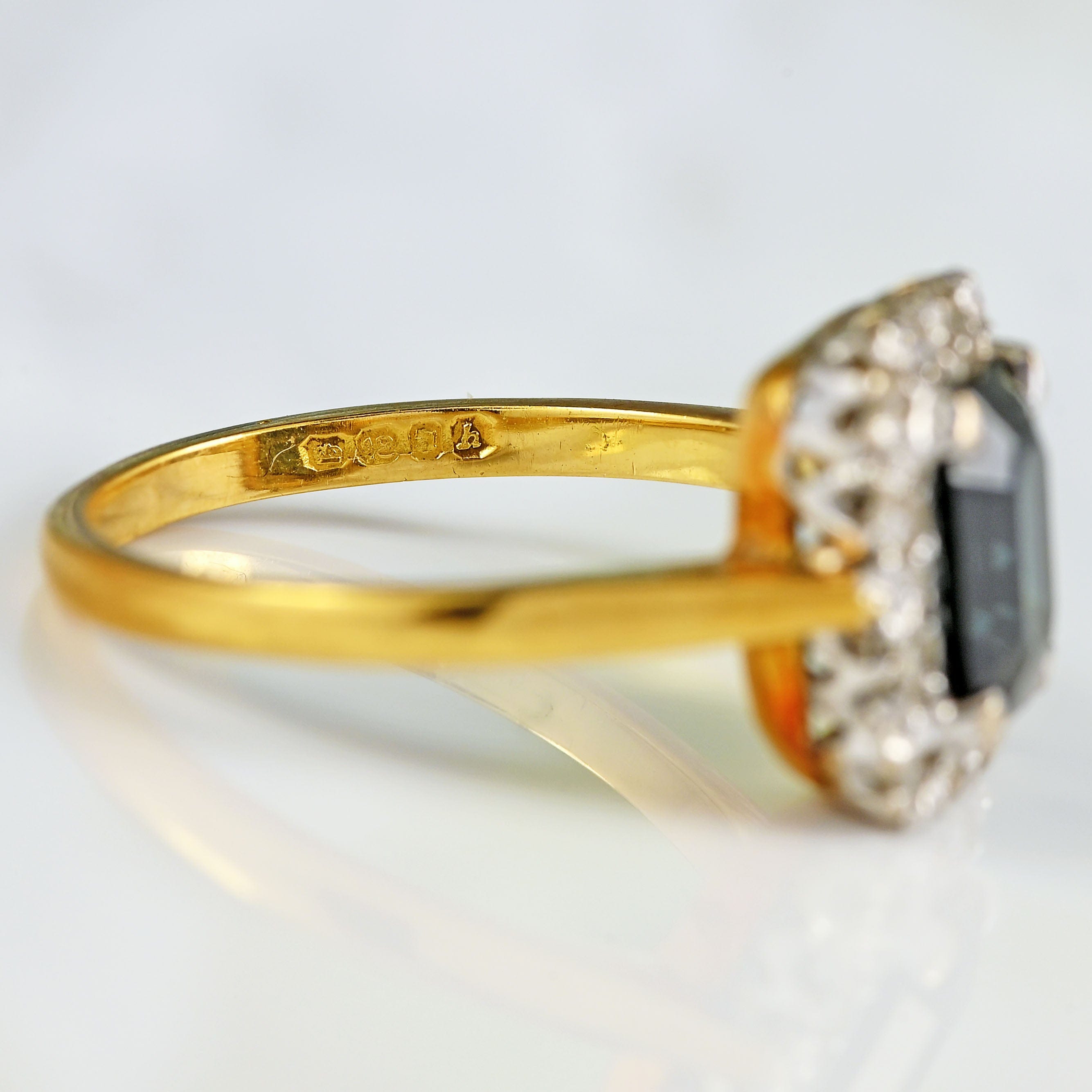 Ellibelle Jewellery Vintage 1963 Emerald-Cut Sapphire & Diamond 18ct Gold Cluster Ring