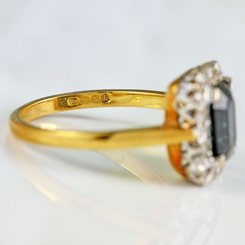 Ellibelle Jewellery Vintage 1963 Emerald-Cut Sapphire & Diamond 18ct Gold Cluster Ring